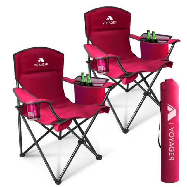 Voyager 2 Pack Folding Camping Chairs with Cooler Bag, Portable & Comfortable in Red - image 1