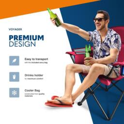 Voyager 2 Pack Folding Camping Chairs with Cooler Bag, Portable & Comfortable in Red - thumbnail 3