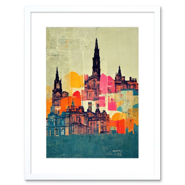 "Artery8 Wall Art Print Boho Abstract Multi Coloured Cityscape Skyline Painting Folk Artwork Framed 9X7 Inch in White - Size: W7"" x H9""" - image 1