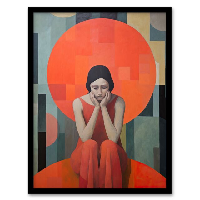 Wee Blue Coo Wall Art Print Women's Troubles Orange Moon Portrait Living Room Framed - Size: A4 - image 1