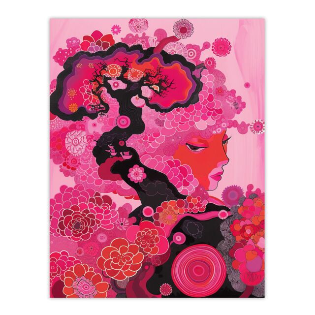 "Artery8 Gaia Hot Pink Conceptual Folk Floral Painting Wall Art Print - Size: W12"" x H16""" - image 1