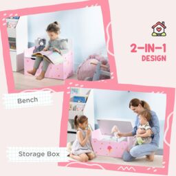 ZONEKIZ 2 in 1 Wooden Toy Box, Kids Storage Bench with Safety Rod - Pink - thumbnail 4