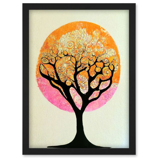 Artery8 Tranquil Tree Silhouette Abstract Illustration Enchanted Linocut Artwork Framed Wall Art Print A4 in Black - image 1