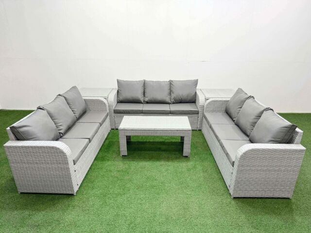 Fimous PE Rattan Lounge Sofa Set 9 Seater Outdoor Garden Furniture Set with Oblong Coffee Table 3 Seater Sofa 2 Side Table Light Grey - image 1