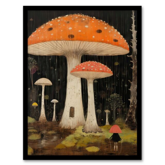 "Artery8 Beneath The Mushroom Canopy Artwork A Whimsical Scene In A Fairy Forest Art Print Framed Poster Wall Decor in Black - Size: W12"" x H16""" - image 1