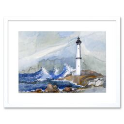 "Artery8 Wall Art Print Lighthouse Nautical Painting Art Framed 9x7 inch in White - Size: W7"" x H9""" - thumbnail 1