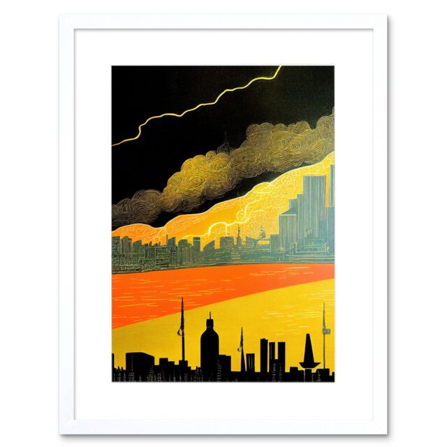 "Artery8 Wall Art Print Modern Black Yellow Orange Linocut London Skyline Cityscape Storm Lightning Artwork Framed 9X7 Inch in White - Size: W7"" x H9""" - image 1