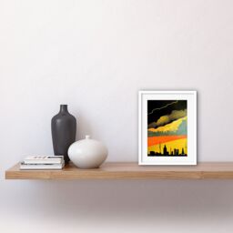 "Artery8 Wall Art Print Modern Black Yellow Orange Linocut London Skyline Cityscape Storm Lightning Artwork Framed 9X7 Inch in White - Size: W7"" x H9""" - thumbnail 2