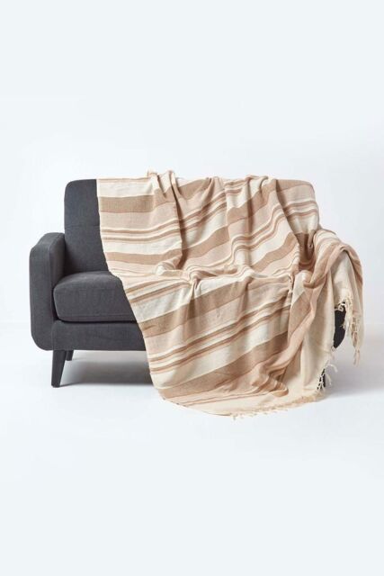 Homescapes Cotton Morocco Striped Throw in Beige - Size: 255 cm x 360 cm - image 1