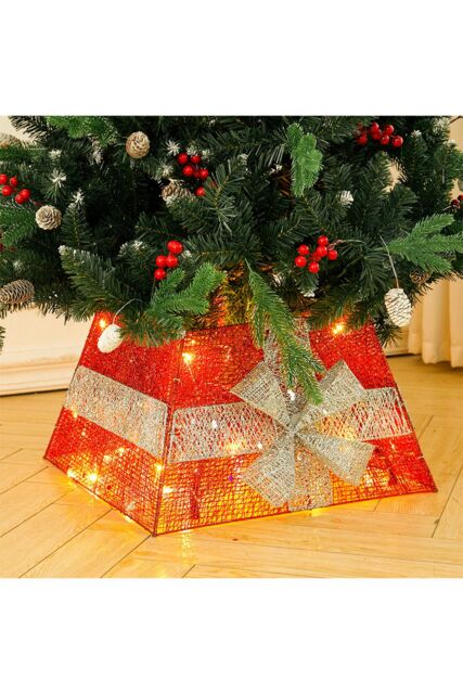 Living and Home Red Shiny Sequins Christmas Tree Skirt with LED Light Xmas Tree Square Stand Base, 33cm L x 33cm W (Top) - Size: 33 cm L x 33 cm W