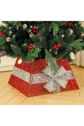Living and Home Red Shiny Sequins Christmas Tree Skirt with LED Light Xmas Tree Square Stand Base, 33cm L x 33cm W (Top) - Size: 33 cm L x 33 cm W - thumbnail 2