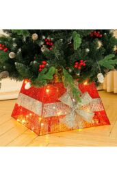 Living and Home Red Shiny Sequins Christmas Tree Skirt with LED Light Xmas Tree Square Stand Base, 33cm L x 33cm W (Top) - Size: 33 cm L x 33 cm W - thumbnail 1