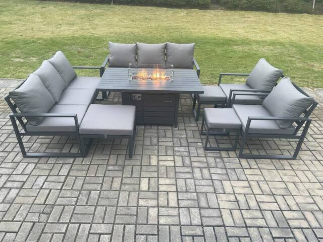 Fimous Aluminium Outdoor Garden Furniture Set Patio Lounge Sofa Gas Fire Pit Dining Table Set with 3 Footstools Dark Grey - image 1