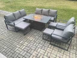 Fimous Aluminium Outdoor Garden Furniture Set Patio Lounge Sofa Gas Fire Pit Dining Table Set with 3 Footstools Dark Grey - thumbnail 2