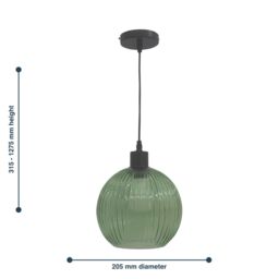 First Choice Lighting Betchley - Green Ribbed Glass Globe with Black Pendant Fitting - thumbnail 8