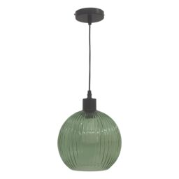 First Choice Lighting Betchley - Green Ribbed Glass Globe with Black Pendant Fitting - thumbnail 1