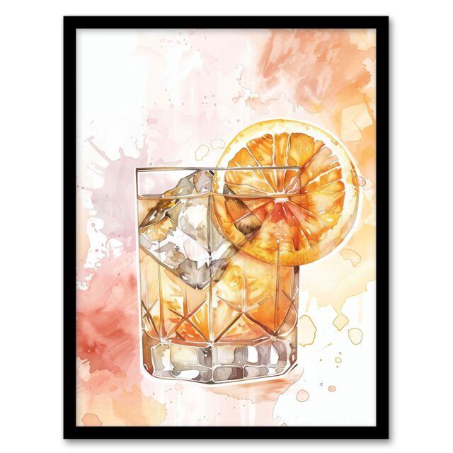 "Artery8 Classic Old Fashioned Cocktail Orange Watercolour Framed Art Print - Size: W12"" x H16""" - image 1