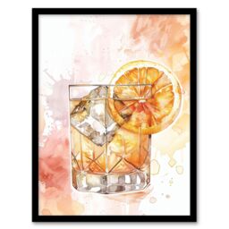 "Artery8 Classic Old Fashioned Cocktail Orange Watercolour Framed Art Print - Size: W12"" x H16""" - thumbnail 1