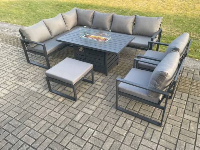Fimous Aluminium Outdoor Garden Furniture Corner Sofa Gas Fire Pit Dining Table Sets Gas Heater Burner with 2 Chairs Big Footstool Dark Grey