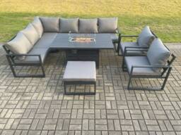Fimous Aluminium Outdoor Garden Furniture Corner Sofa Gas Fire Pit Dining Table Sets Gas Heater Burner with 2 Chairs Big Footstool Dark Grey - thumbnail 2