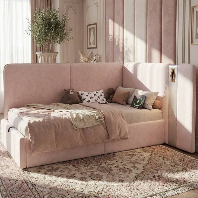 Merax 3ft Single L-shaped Velvet Upholstered Daybed with Storage & USB Light in Pink - image 1