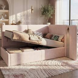 Merax 3ft Single L-shaped Velvet Upholstered Daybed with Storage & USB Light in Pink - thumbnail 2