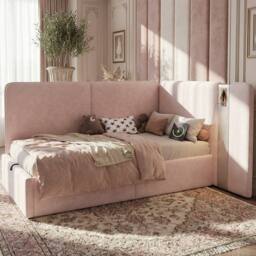 Merax 3ft Single L-shaped Velvet Upholstered Daybed with Storage & USB Light in Pink - thumbnail 5