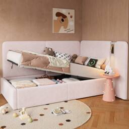 Merax 3ft Single L-shaped Velvet Upholstered Daybed with Storage & USB Light in Pink - thumbnail 3