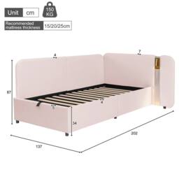 Merax 3ft Single L-shaped Velvet Upholstered Daybed with Storage & USB Light in Pink - thumbnail 9