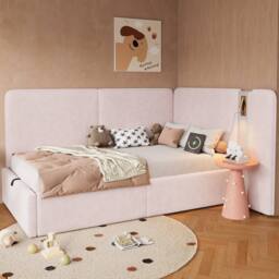 Merax 3ft Single L-shaped Velvet Upholstered Daybed with Storage & USB Light in Pink - thumbnail 4