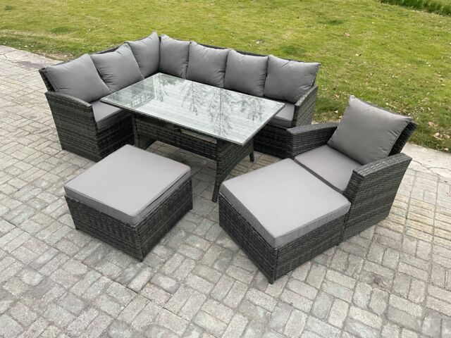Fimous 9 Seater Outdoor Rattan Garden Furniture Set with Rectangular Dining Table 2 Big Footstool Armchiar Patio Corner Sofa Set in Dark Grey - image 1