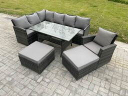 Fimous 9 Seater Outdoor Rattan Garden Furniture Set with Rectangular Dining Table 2 Big Footstool Armchiar Patio Corner Sofa Set in Dark Grey - thumbnail 1