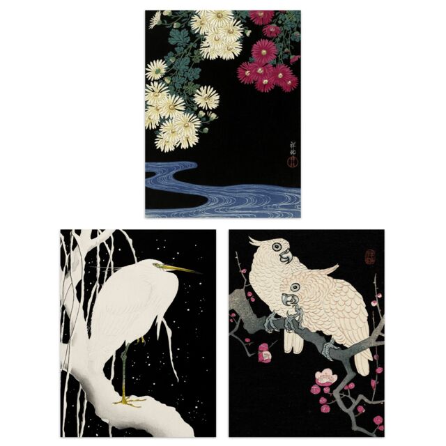 Artery8 Wall Art Print Pack of 3 A4 Ohara Koson Japan Kachō-e Bird & Flower Heron Cockatoo Japanese Paintings Living Room s Set - image 1