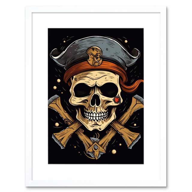 "Artery8 Wall Art Print Skull Pirate Hat Old School USA Tattoo Ink Body Rockabilly Americana 50s Artwork Framed 9X7 Inch in White - Size: W7"" x H9""" - image 1