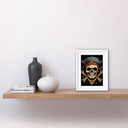 "Artery8 Wall Art Print Skull Pirate Hat Old School USA Tattoo Ink Body Rockabilly Americana 50s Artwork Framed 9X7 Inch in White - Size: W7"" x H9""" - thumbnail 2