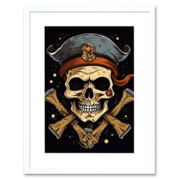 "Artery8 Wall Art Print Skull Pirate Hat Old School USA Tattoo Ink Body Rockabilly Americana 50s Artwork Framed 9X7 Inch in White - Size: W7"" x H9""" - thumbnail 1