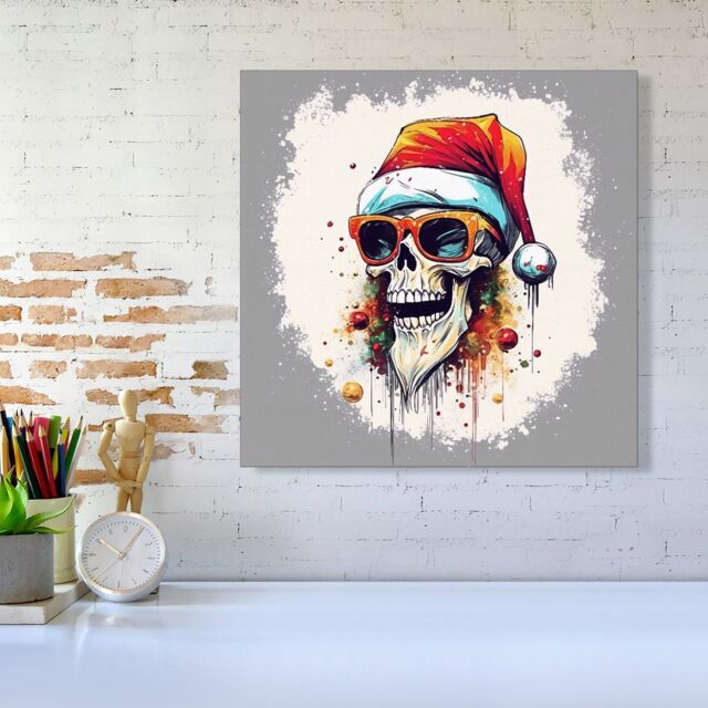 "Warren Reed - Designer Santa Skull In Glasses Splashart Canvas - Size: W16"" x H16""" - image 1