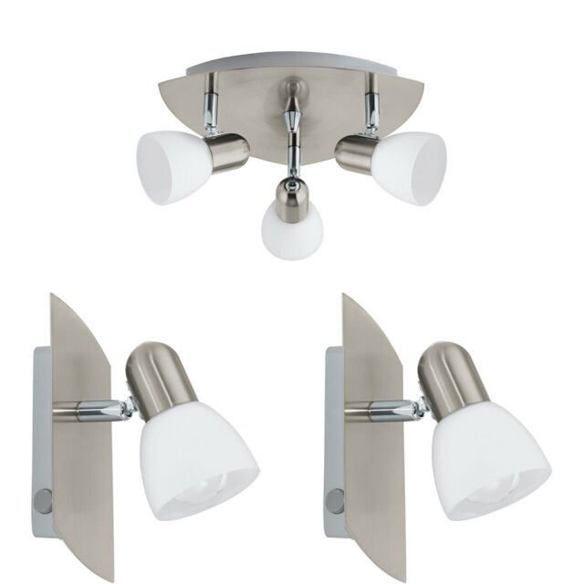 Loops Ceiling Spot Light & 2x Matching Wall Lights Satin Nickel & Glass Triangle Lamp in Metallics - image 1
