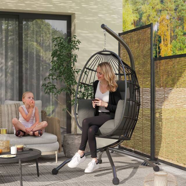 OUTSUNNY Egg Chair Outdoor Indoor Garden Swing Chair, Folding Basket, Grey in Dark Grey - image 1
