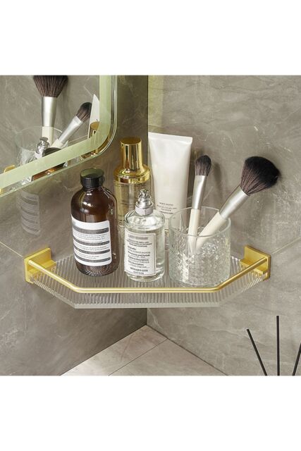 Living and Home Acrylic Bathroom Corner Shelf Adhesive Shower Organiser in Gold - image 1