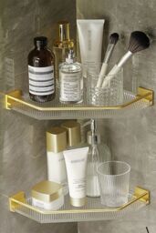 Living and Home Acrylic Bathroom Corner Shelf Adhesive Shower Organiser in Gold - thumbnail 3