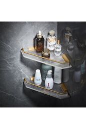 Living and Home Acrylic Bathroom Corner Shelf Adhesive Shower Organiser in Gold - thumbnail 2