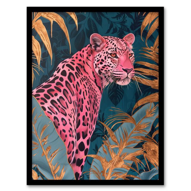 "Artery8 Elegant Pink Leopard in Blue Gold Tropical Jungle Framed Wall Art - Size: W12"" x H16""" - image 1