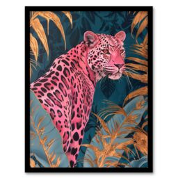 "Artery8 Elegant Pink Leopard in Blue Gold Tropical Jungle Framed Wall Art - Size: W12"" x H16""" - thumbnail 1