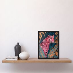 "Artery8 Elegant Pink Leopard in Blue Gold Tropical Jungle Framed Wall Art - Size: W12"" x H16""" - thumbnail 4