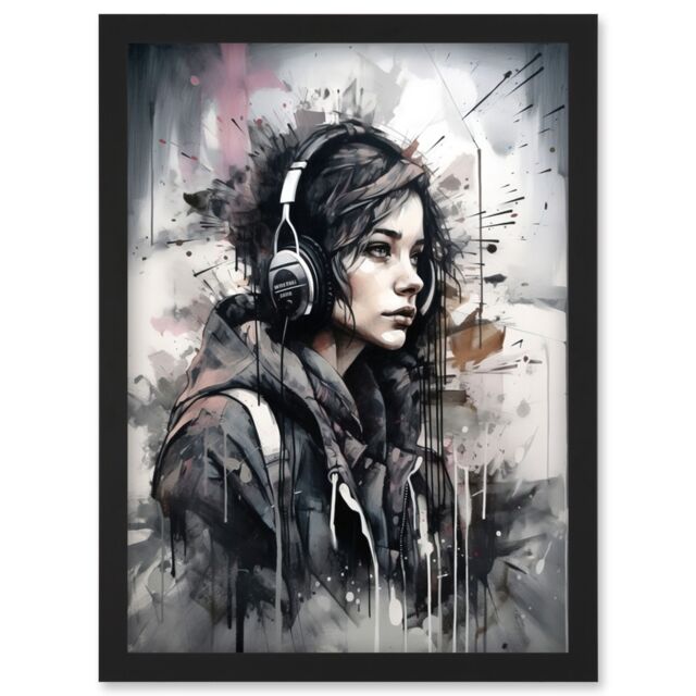 Artery8 Teenager in Black Hoodie Listening to Music through Headphones Modern Watercolour Painting Artwork Framed Wall Art Print A4 - image 1