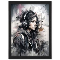 Artery8 Teenager in Black Hoodie Listening to Music through Headphones Modern Watercolour Painting Artwork Framed Wall Art Print A4 - thumbnail 1