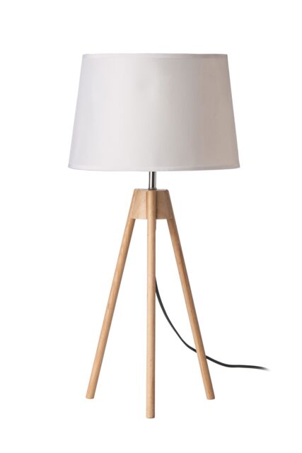 Orsina Tripod Table Lamp with White Fabric Shade, Natural Wood Legs, EU Plug - image 1