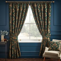 Paoletti Shiraz Traditional Jacquard Pencil Pleat Curtains in Emerald - Size: 229 cm width x 229 cm drop - thumbnail 1