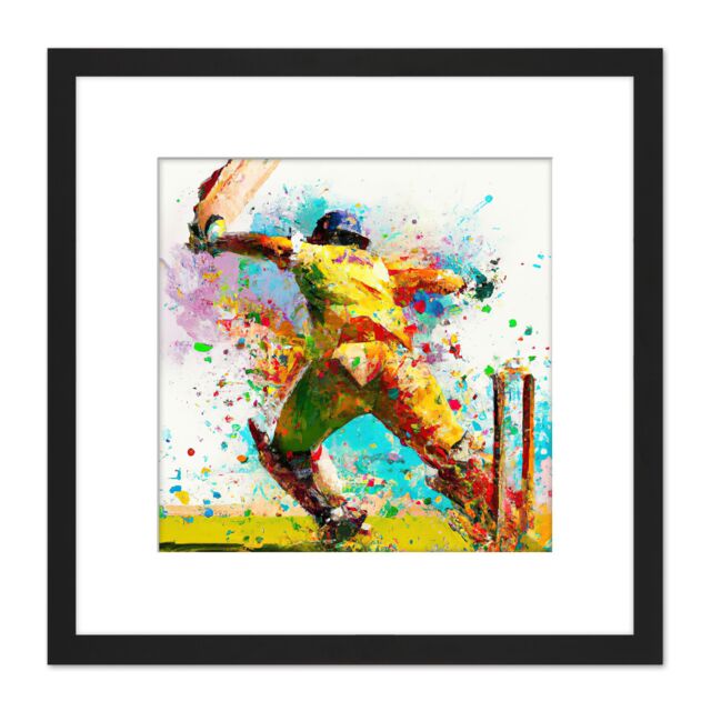 Artery8 Cricket Batsman Wicket Sports Colourful Splatter Painting Square Wooden Framed Wall Art Print Picture 8X8 Inch in Black - image 1